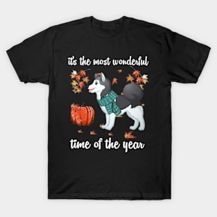 Siberian Husky Dog Autumn Fall Most Wonderful Time Maple T-Shirt